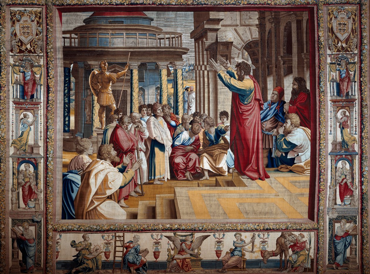 Apostelen Saint Paul forkynte i flysiden til Athen-teppet etter å ha malt på papp av Raffaello Sanzio dit Raphael (1483-1520), begynnelsen av 1500-tallet Sun. av after Raphael