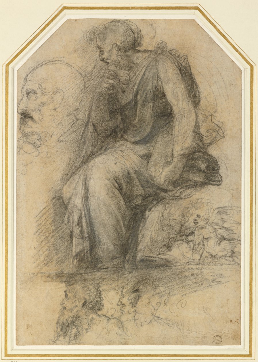 En mannlig helgen, sittende (St Paul): Study for the Disputa, WA1846.189 (kull med hvit forhøyning) av Raphael