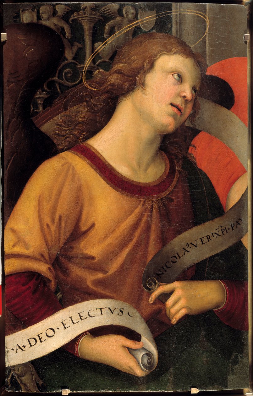 En engel. Fragment av Baroncis altertavle. Maleri av Raffaello Sanzio dit Raphael (1483-1520) av Raphael