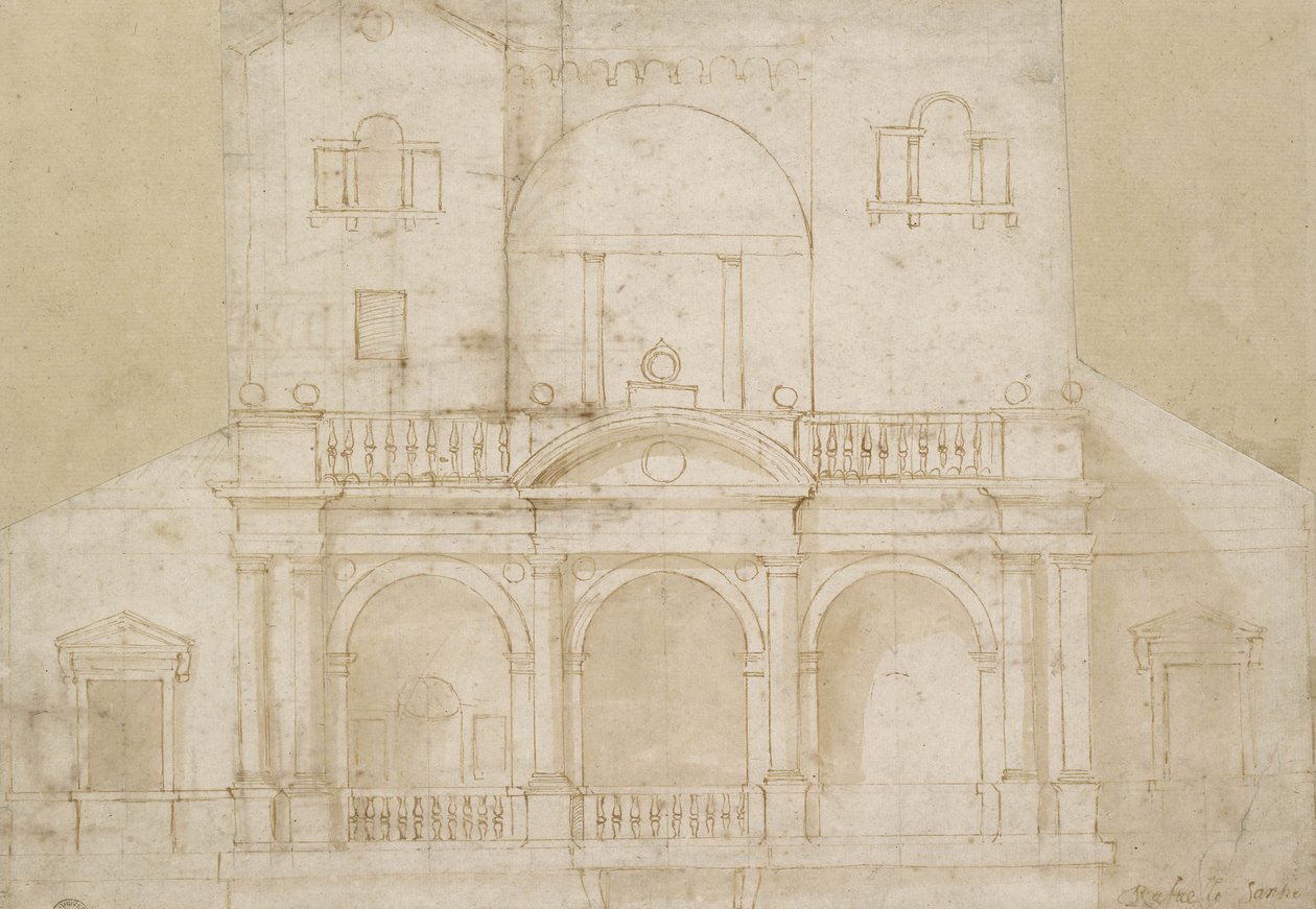 Arkitektonisk design (Villa Madama) (penn og brunt blekk med brun vask på off-white papir) av Raphael