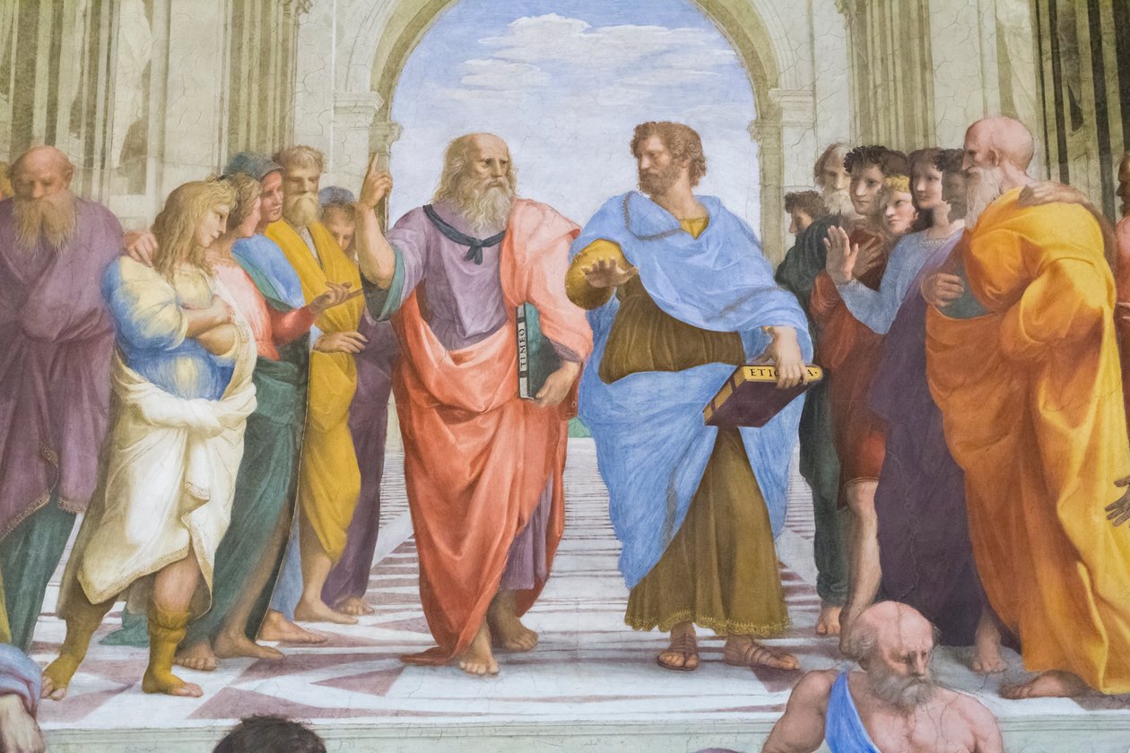 Aristoteles og Platon: detalj fra School of Athens i Stanza della Segnatura av Raphael (1483 1520)