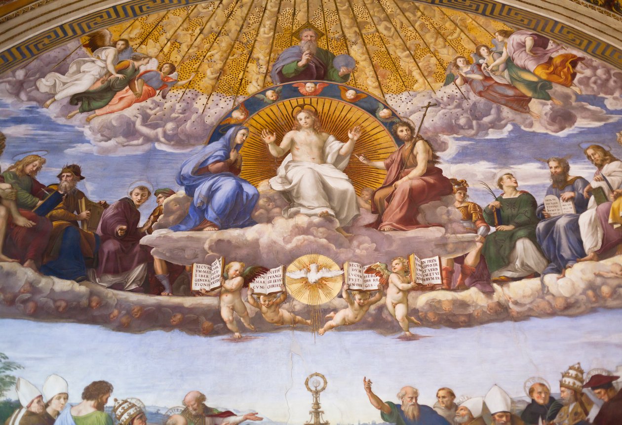 Detalj av disputasen om det hellige sakrament, ca. 1509-10 (fresco) av Raphael (1483 1520)