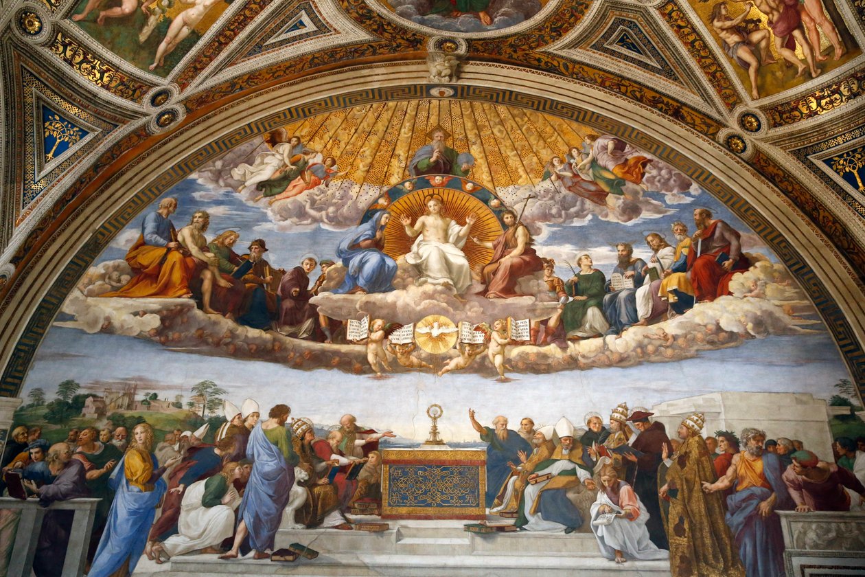 Disputas om det hellige sakramentet, i Stanza della Segnatura (fersk) av Raphael (1483 1520)