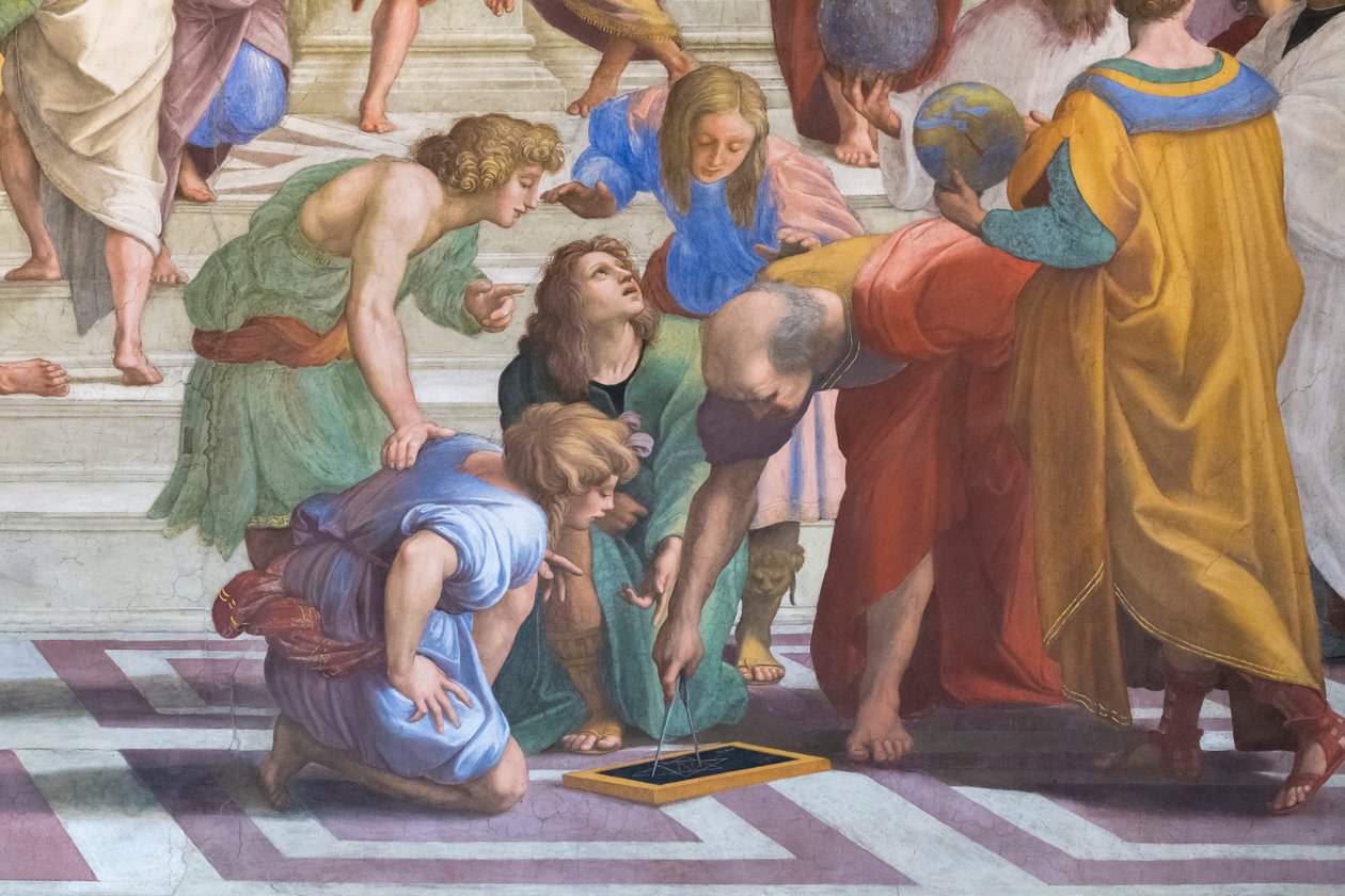 Euclid eller Archimedes: detalj fra School of Athens i Stanza della Segnatura av Raphael (1483 1520)