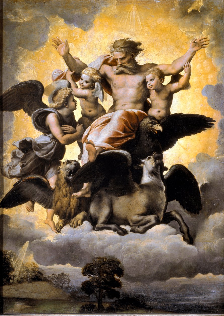 Ezechiels visjon. Med tetramorfen omgitt av kjerubiner. (Maleri av Raphael
