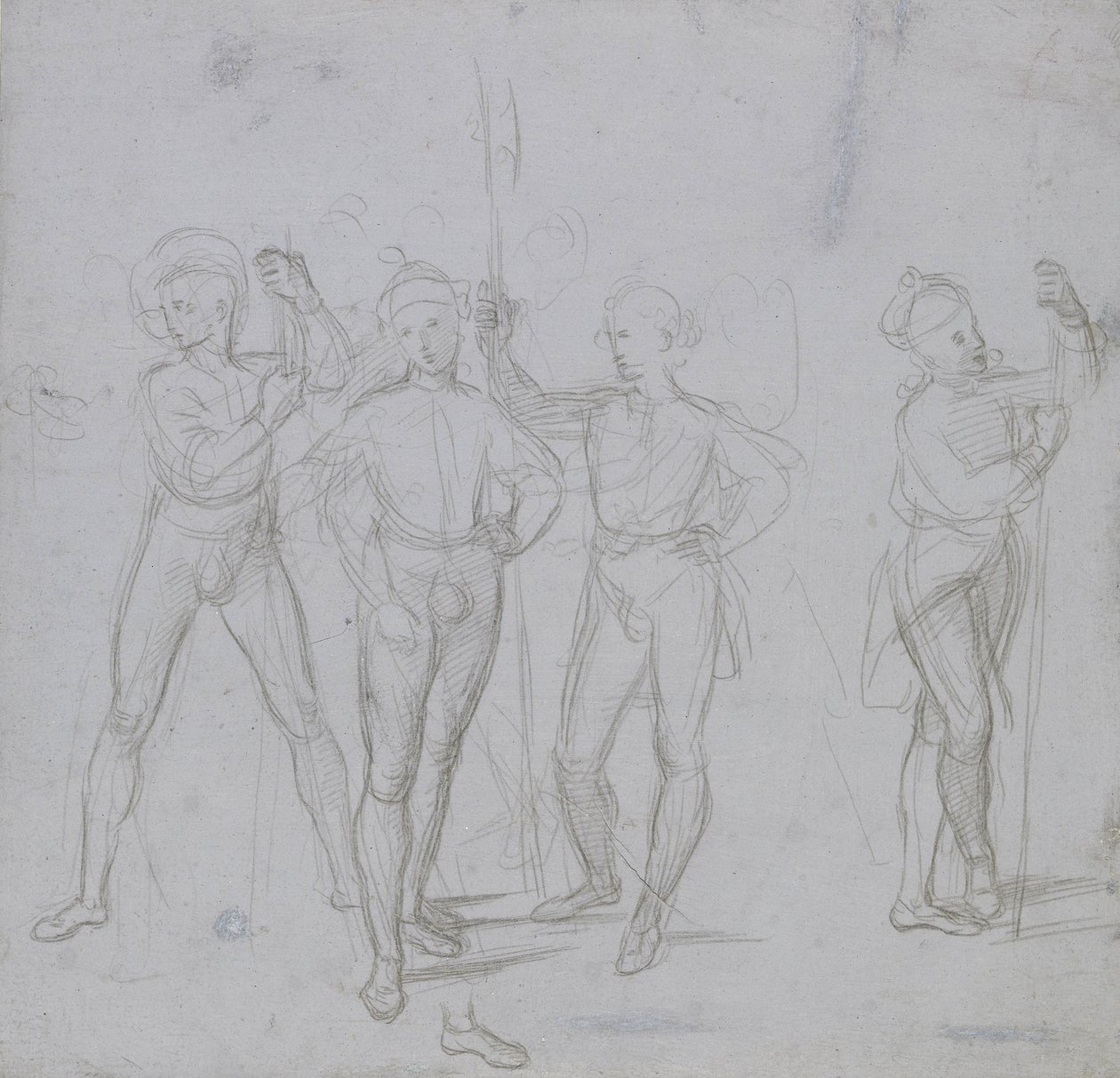 Gruppe på fire stående soldater (sølvpunkt på et blågrå preparat på off-white papir) av Raphael