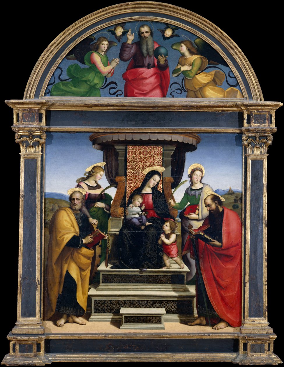 Madonna og barn tronet med hellige, ca. 1504 (olje og gull på tre) av Raphael