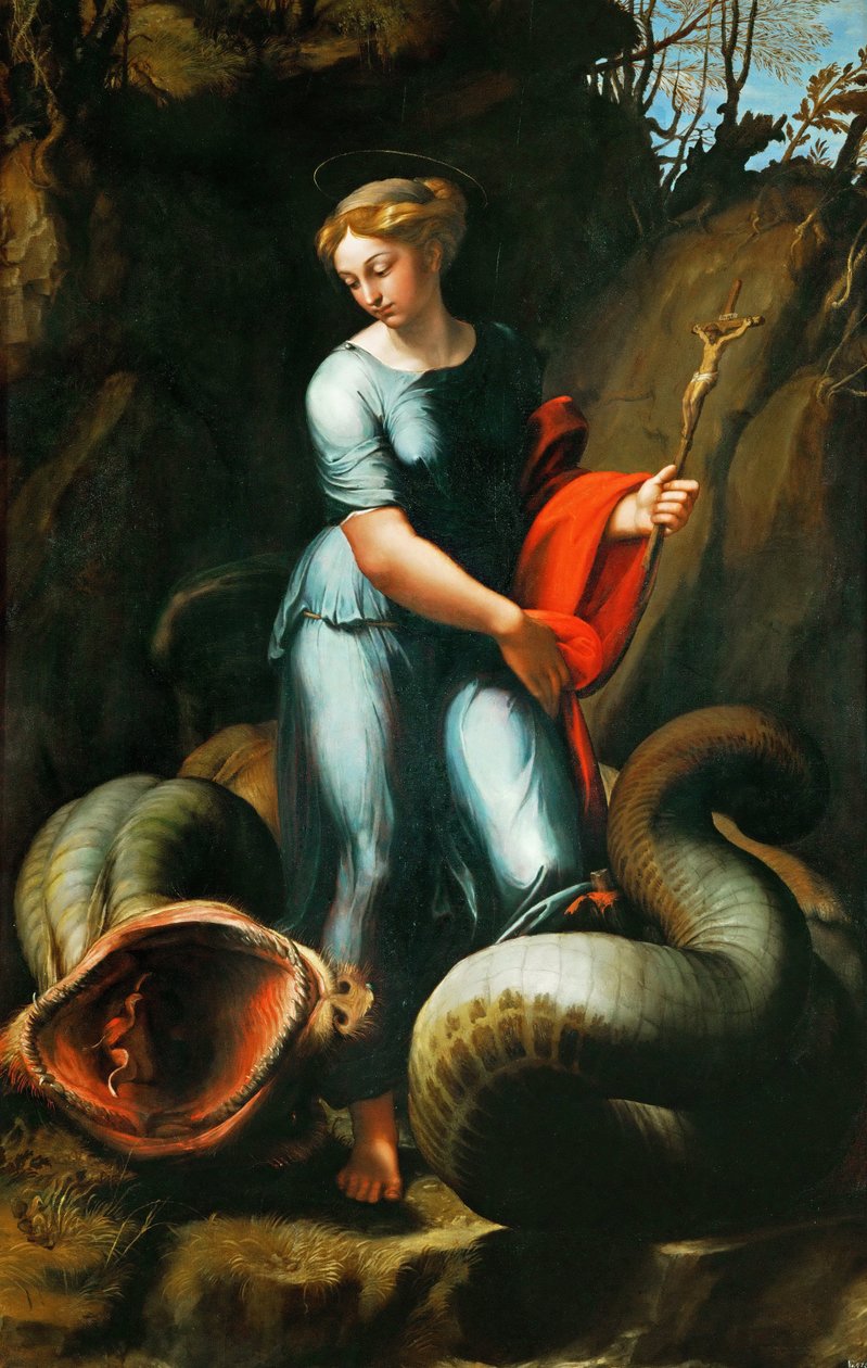 Margaret av Antiokia av Pisidia (eller Saint Marine, Marina) (død rundt 305) - Saint Margaret - Rafael (Raffaello Sanzio da Urbino) (1483-1520). Olje på tre, ca 1518. Størrelse: 191,3x123 cm. Kunsthistorisk museum, Wien av Raphael