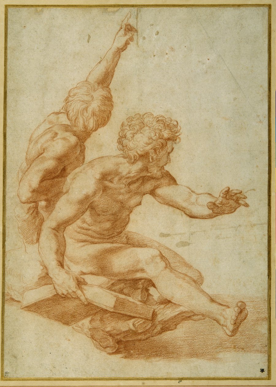 Nakenstudier for St. Andrew og en annen apostel i 'The Transfiguration' (rødt kritt over stylusinnrykk på krempapir) av Raphael