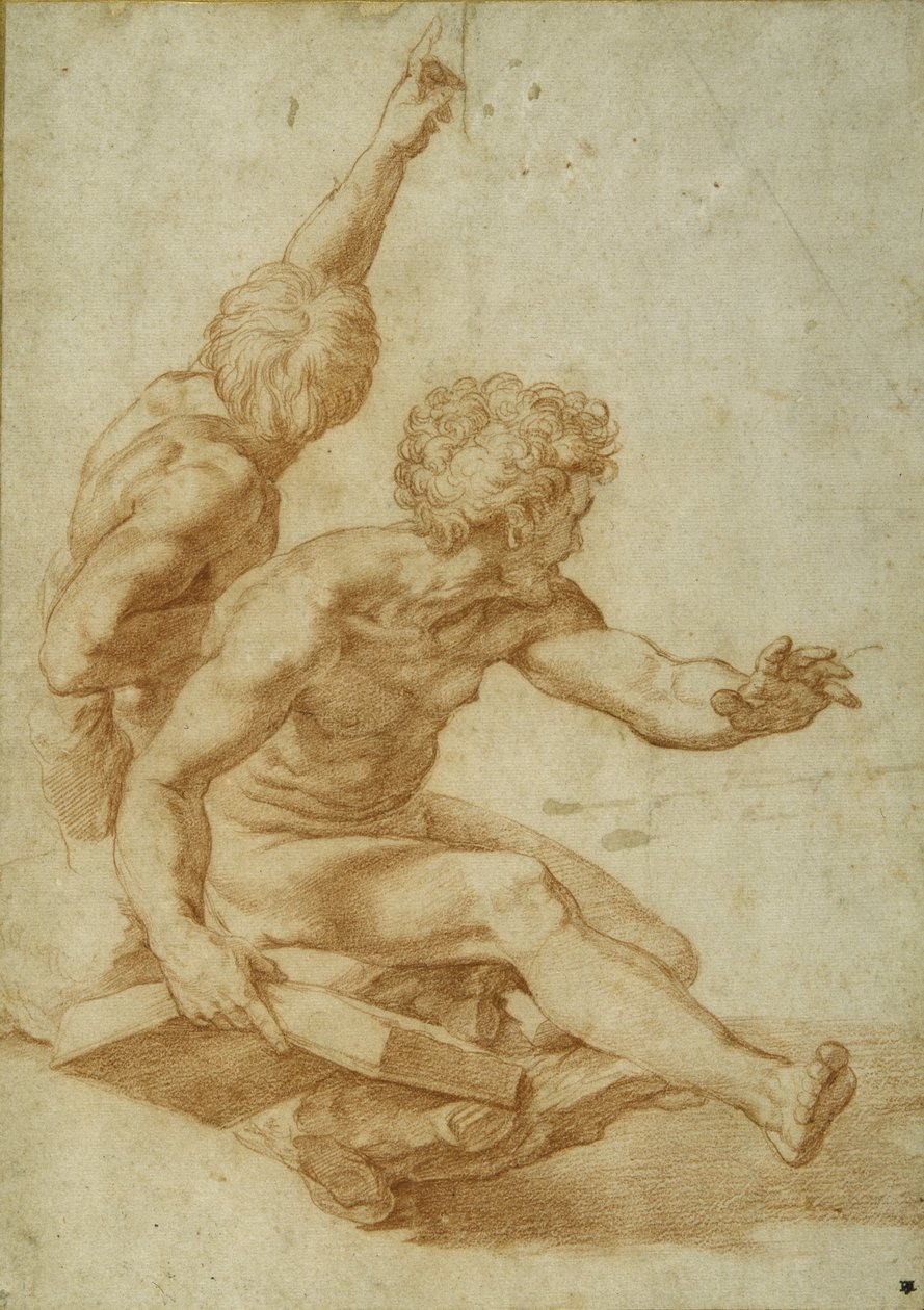 Nakenstudier for St. Andrew og en annen apostel i 'The Transfiguration', ca. 1517 (rødt kritt over stylusinnrykk på krempapir) av Raphael