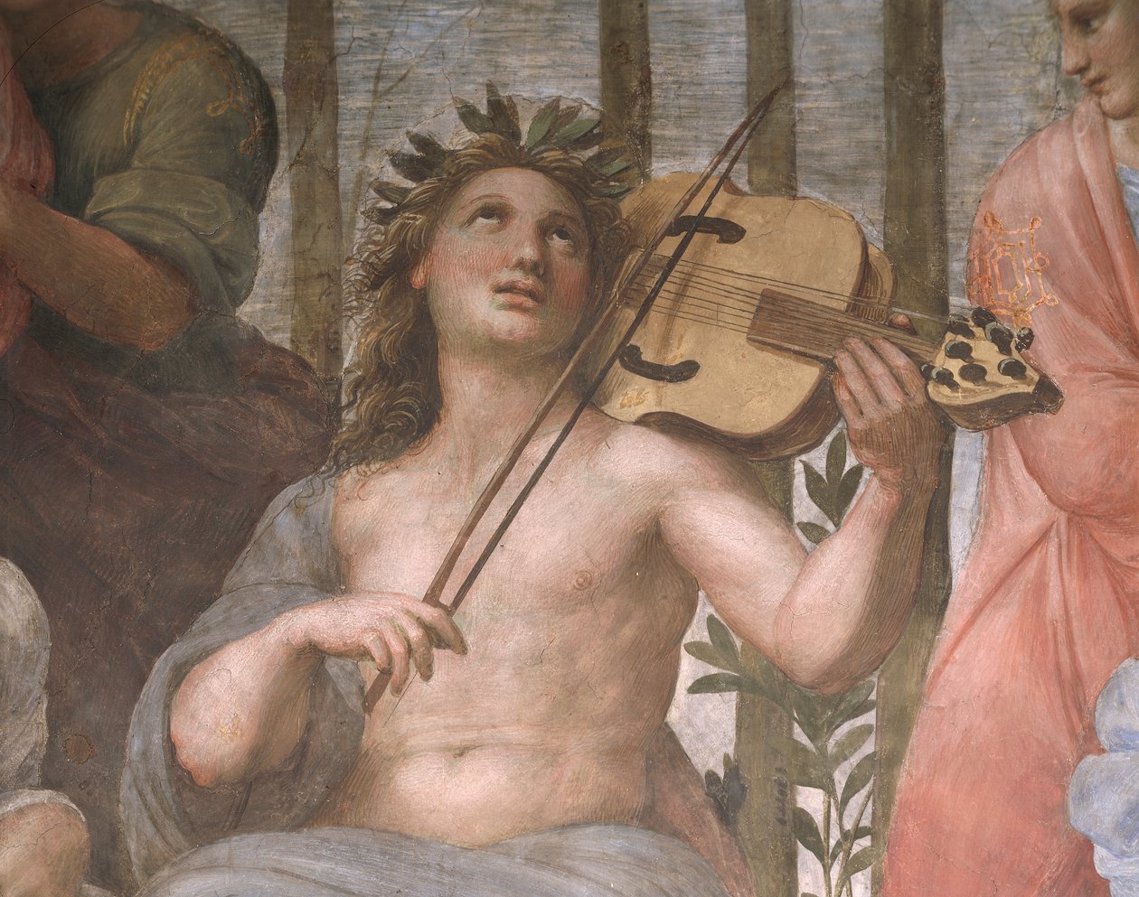 Parnassus, detalj av Apollo som spiller en bratsj, fra Stanza della Segnatura av Raphael