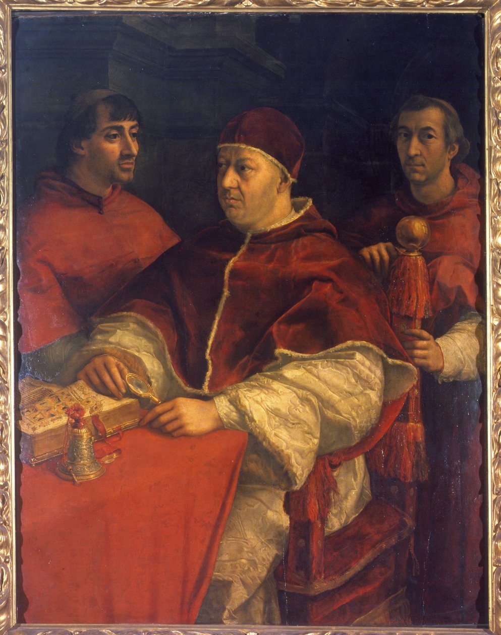 Portrett av pave Leo X (1475-1521), sønn av Laurent de Medici (1449 - 1492) (Laurent den storslåtte: Lorenzo den storslåtte) omgitt av kardinalene Luigi de 