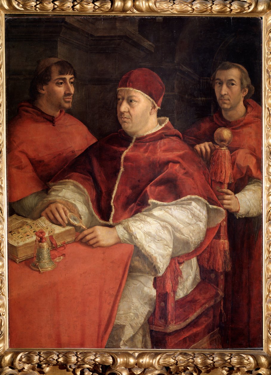 Portrett av pave Leo X med kardinal Louis de Rossi og Giulio de Medici - Olje på tre av Raphael