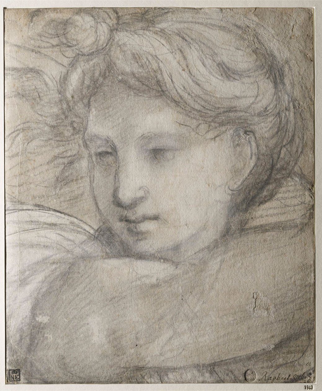 Raffaello Sanzio - Head of an Angel par Raphael (1483-1520), ca. 1520 - Svart og hvitt kritt på papir, 30,8x25,4 - Szepmuveszeti Muzeum, Budapest av Raphael