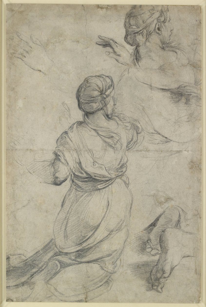 Recto: Studies for two kneeling Women, WA1846.198 (black chalk) av Raphael