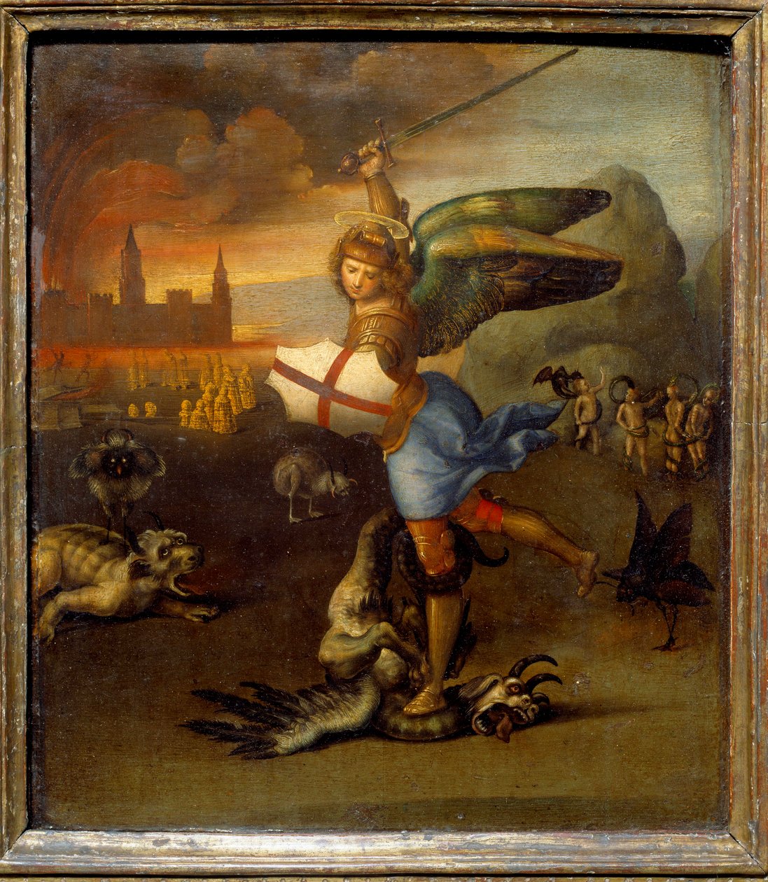 St. Michael and the Dragon c.1505 Raphael (1483-1520/italiensk) Olje på trepanel - "" Saint Michel terrassant the dragon""" Maleri av Raffaello Sanzio (Raphael) (1483-1520) 1505 Søn. 0,29x0,25 m av Raphael
