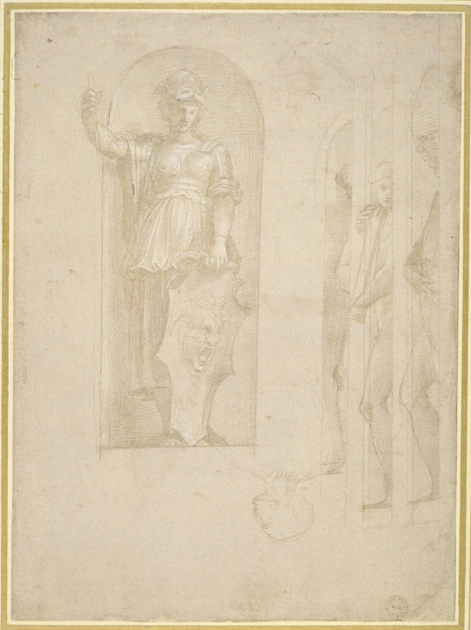 Studier for en figur av Minerva og andre statuer (sølvpunkt med hvit forhøyning på papir) av Raphael