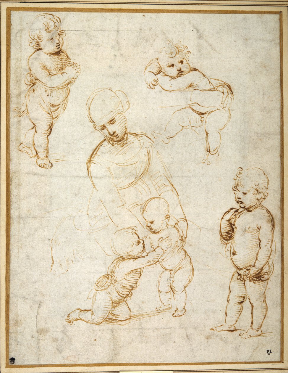 Studier for 'Madonna of the Meadow', ca. 1505 (penn og brunt blekk på papir) av Raphael