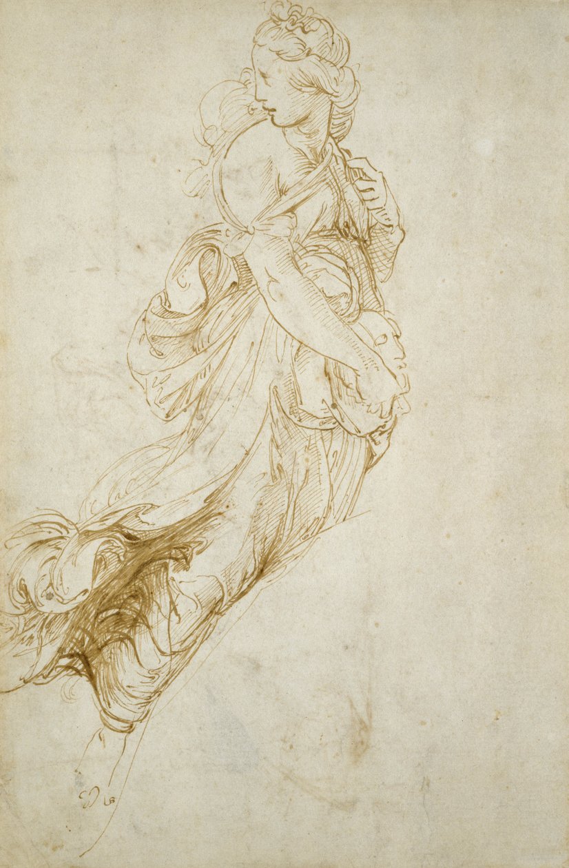 Studie for figuren til Melpomene (penn og brunt blekk på off-white papir) av Raphael