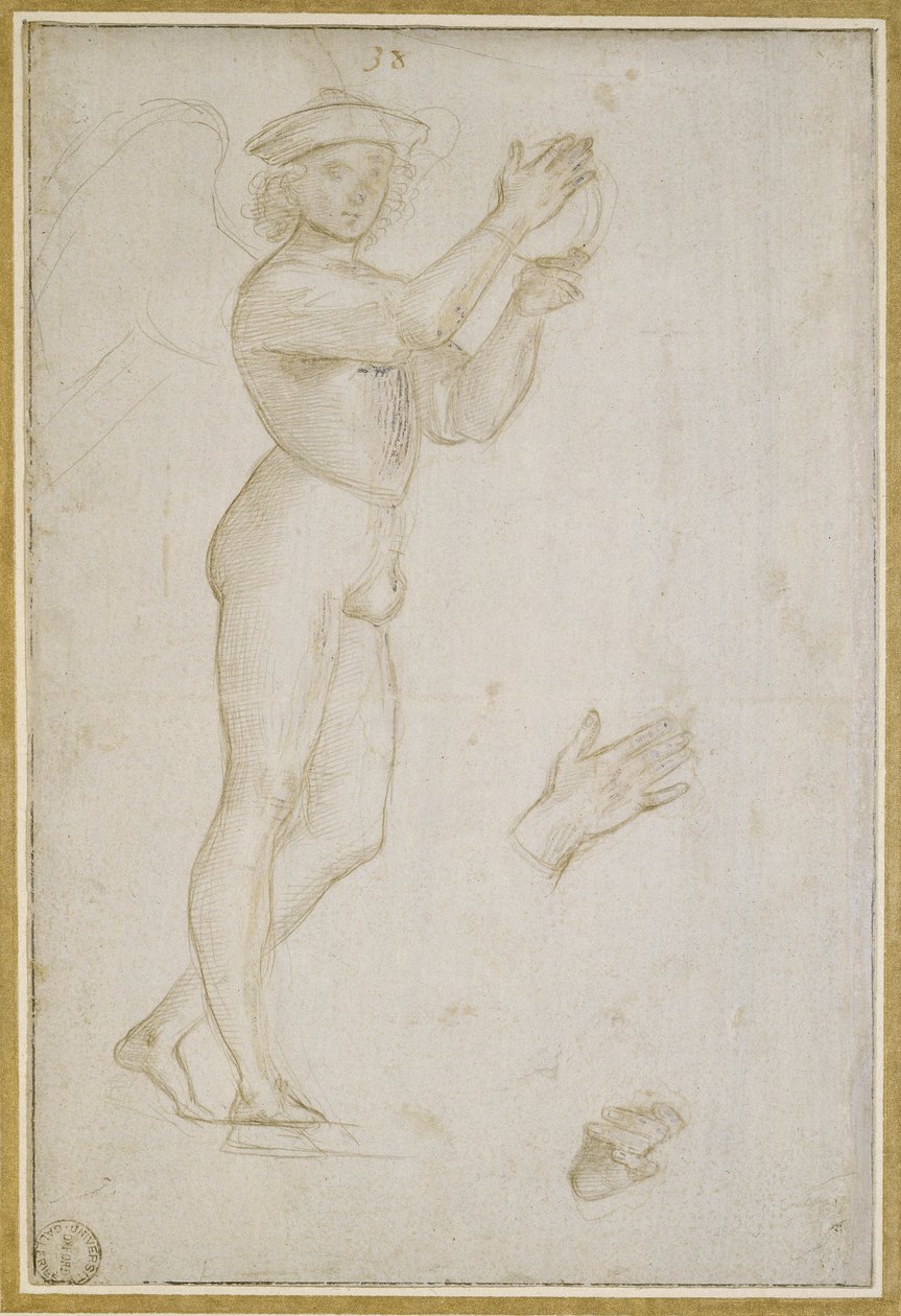 Studie av en ung mann som lager musikk (sølvpunkt, forsterket med kroppsfarge, på et blekt steingrå preparat) av Raphael