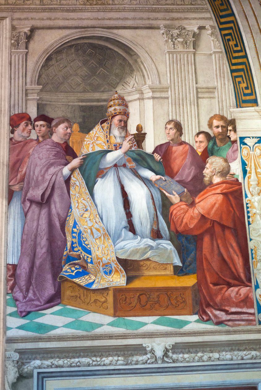 Overleveringen av dekretene til pave Gregor IX, ca. 1501-1520 (fresco) av Raphael (1483 1520)