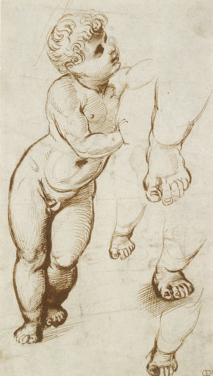 The Infant Christ and other Studies (penn og mørkebrunt blekk over foreløpige indikasjoner i ledepunkt, på hvitt papir) av Raphael