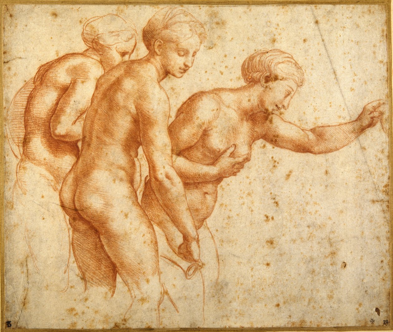 The Three Graces (rødt kritt på hvitt papir) av Raphael