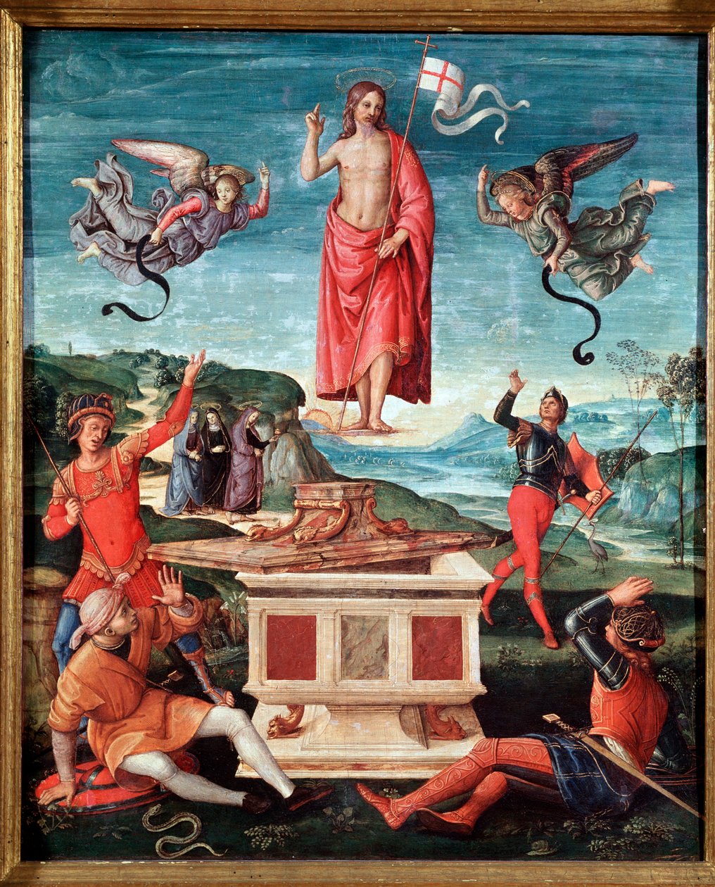 The resurrection (The resurrection of christ) Jesus Kristus har et pinnekors i enden som svever et hvitt flagg (standard) slår med et rødt kors - Maleri av Raffaello Sanzio dit Raphael (1483-1520) 1501-1502 Dim 52x44 cm Sao Paulo, Museu de Arte av Raphael