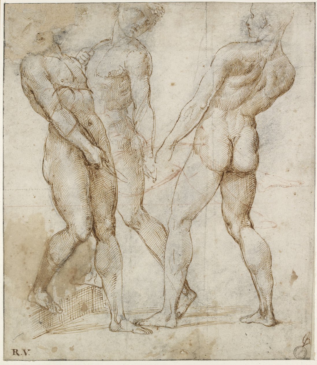 Tre nakenbærere (studie for entombment of Christ), WA1846.173 (penn og brunt blekk over svart kritt, med rødt kritt over geometriske indikasjoner) av Raphael