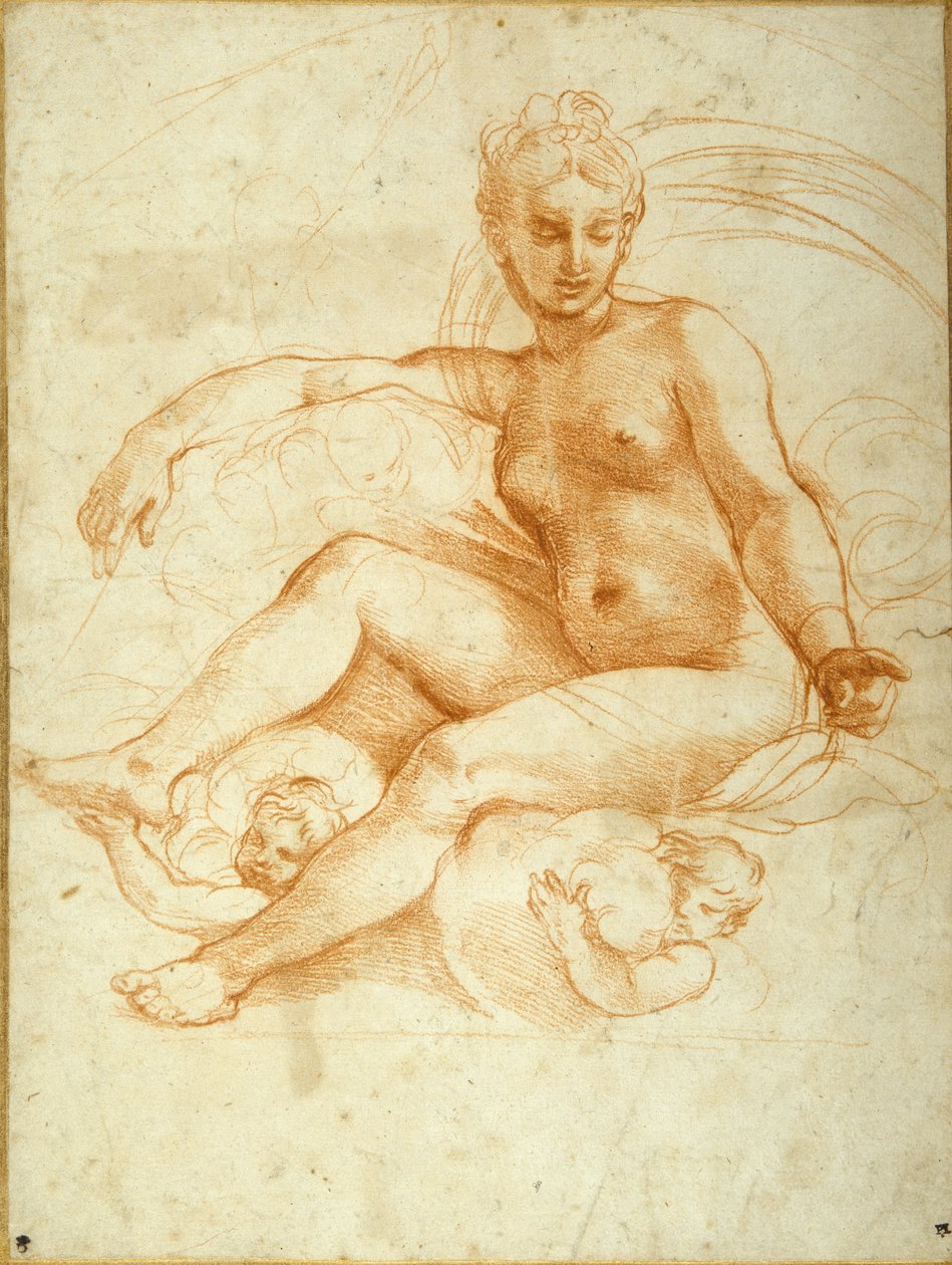 Venus sitter på skyer som peker nedover (rødt kritt på hvitt papir) av Raphael