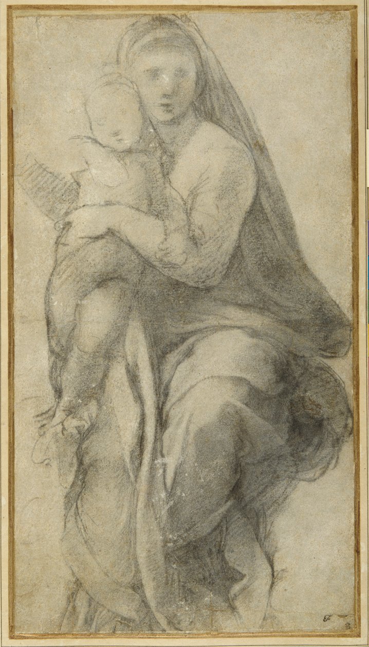Jomfru og barn (svart kritt på grått papir) av Raphael