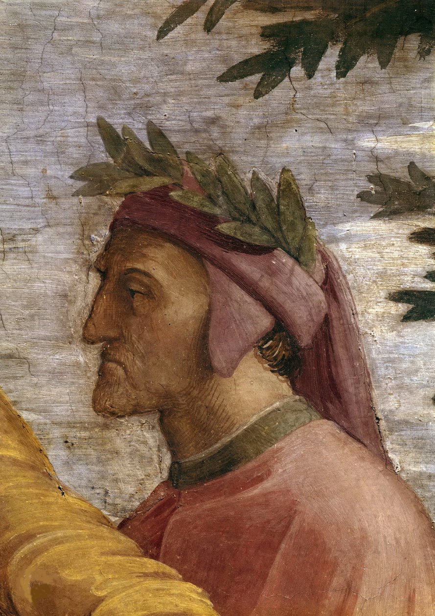 Tvist. Detalj: Dante Alighieri Fresco i Stanza della Segnatura, ca 1510-1511. av Raphael