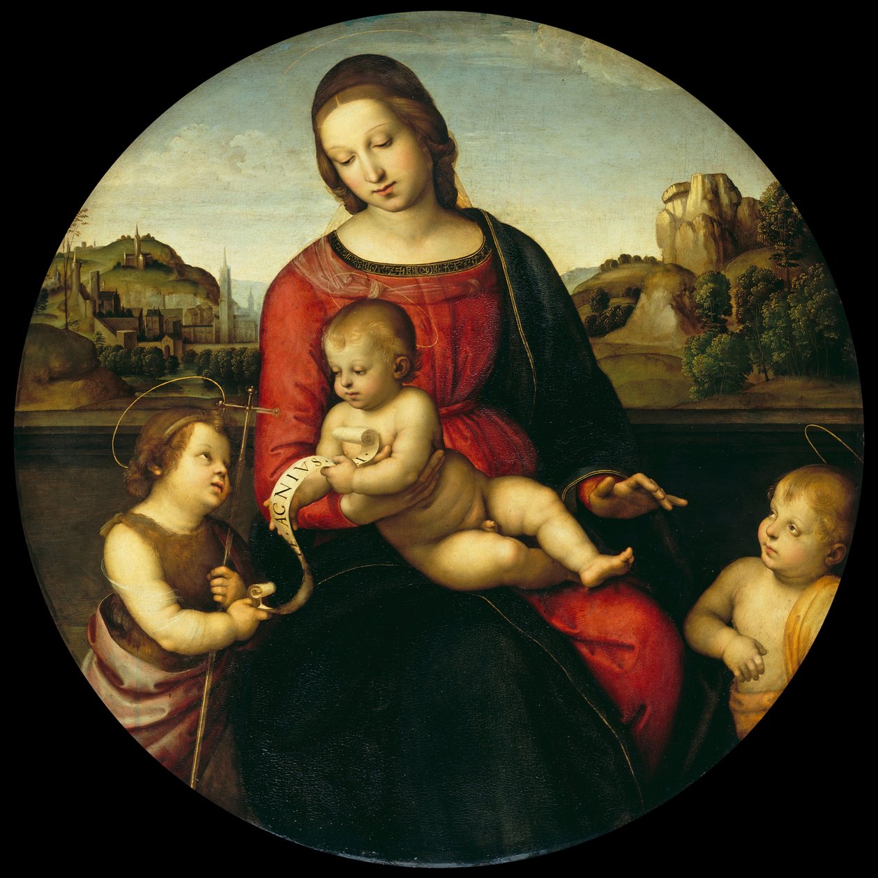 Maria med barnet, døperen Johannes og en hellig gutt Madonna Terranuova, ca. 1505 av Raffaello Sanzio Raphael