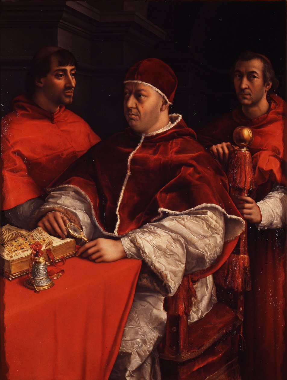 Portrett av pave Leo X med kardinalene Giulio de Medici og Luigi de Rossi, ca 1518 av Raffaello Sanzio Raphael