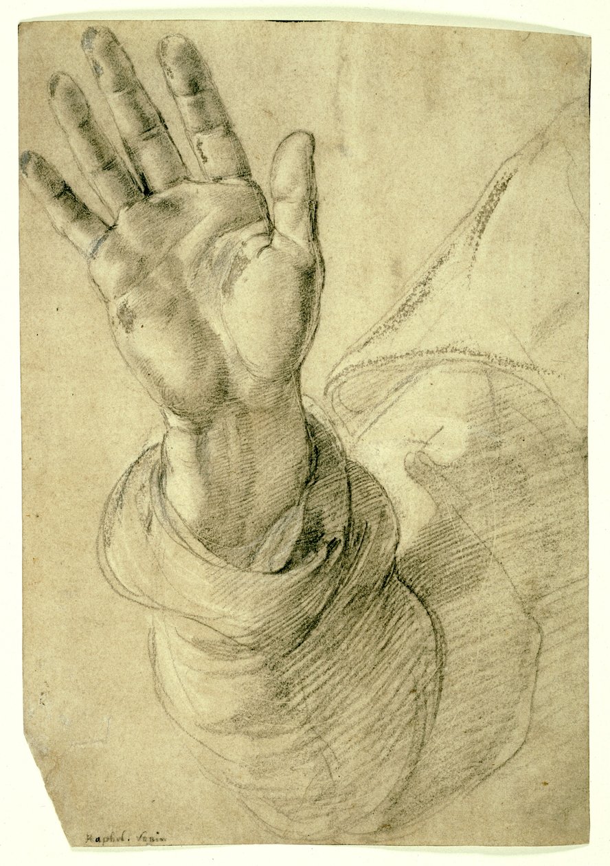 Høyre hånd, med håndflaten vendt utover: Study for Saint Peter, 1518-20 av Raphael