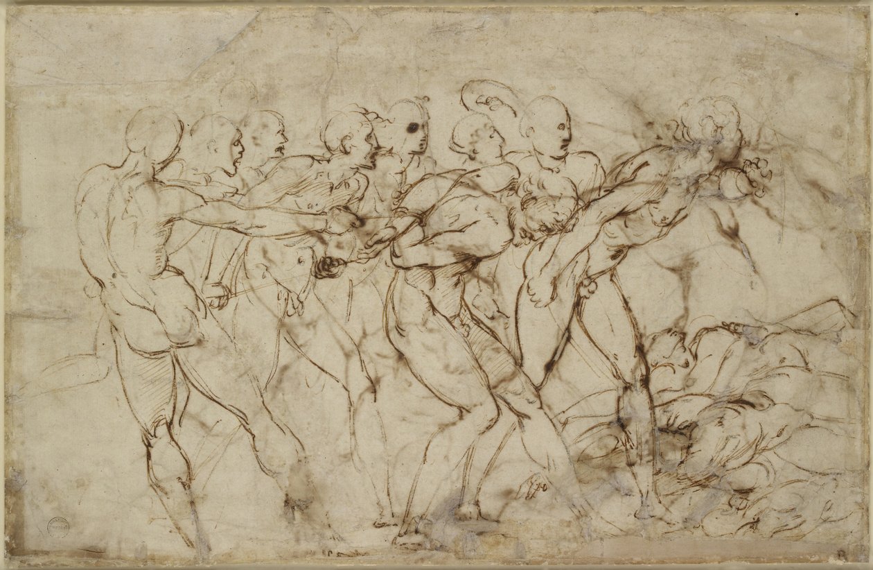 En kamp av nakne krigere med fanger, WA1846.179 (penn og brunt blekk over svart kritt) av Raffaello Sanzio Raphael