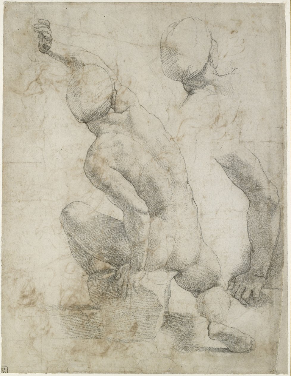 Rekt: Naken mann sittende på en stein, WA1846.200 (svart kritt på off-white papir) av Raffaello Sanzio Raphael