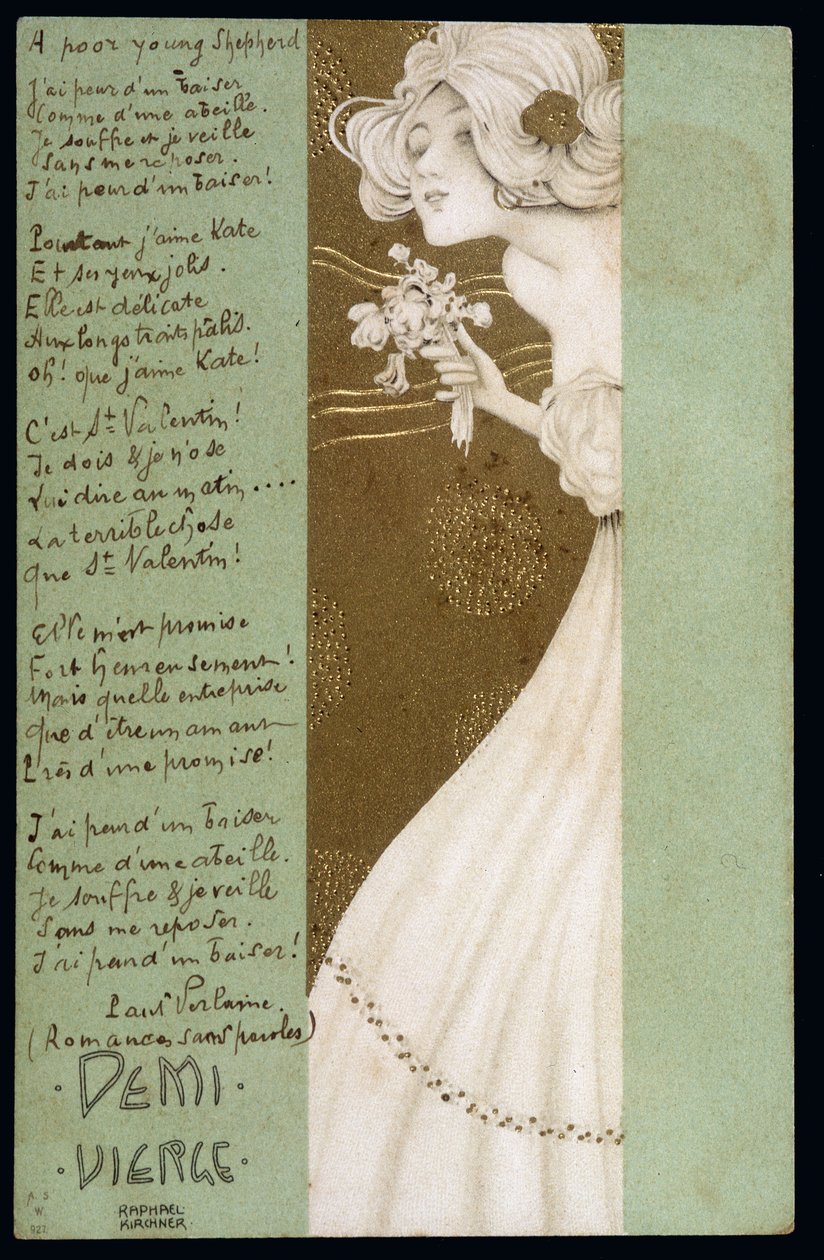 Halv jomfru og dikt av Paul Verlaine - postkort, av Raphael Kirchner (1876-1917), begynnelsen av det XX. av Raphael Kirchner
