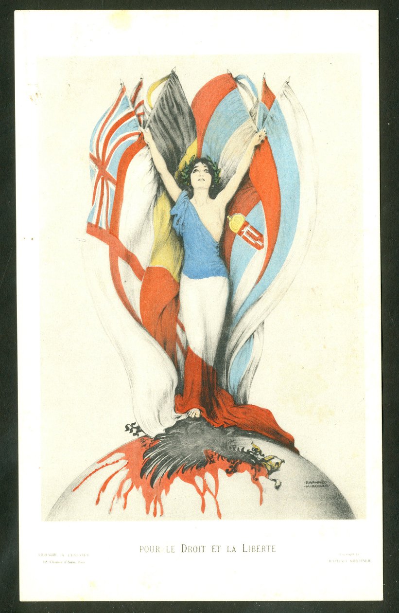 Postkort, fargesatirisk: For lov og frihet - 14-18-krigen, allierte, flagg - ørnillustrasjon av Kirchner (1876-1917) av Raphael Kirchner