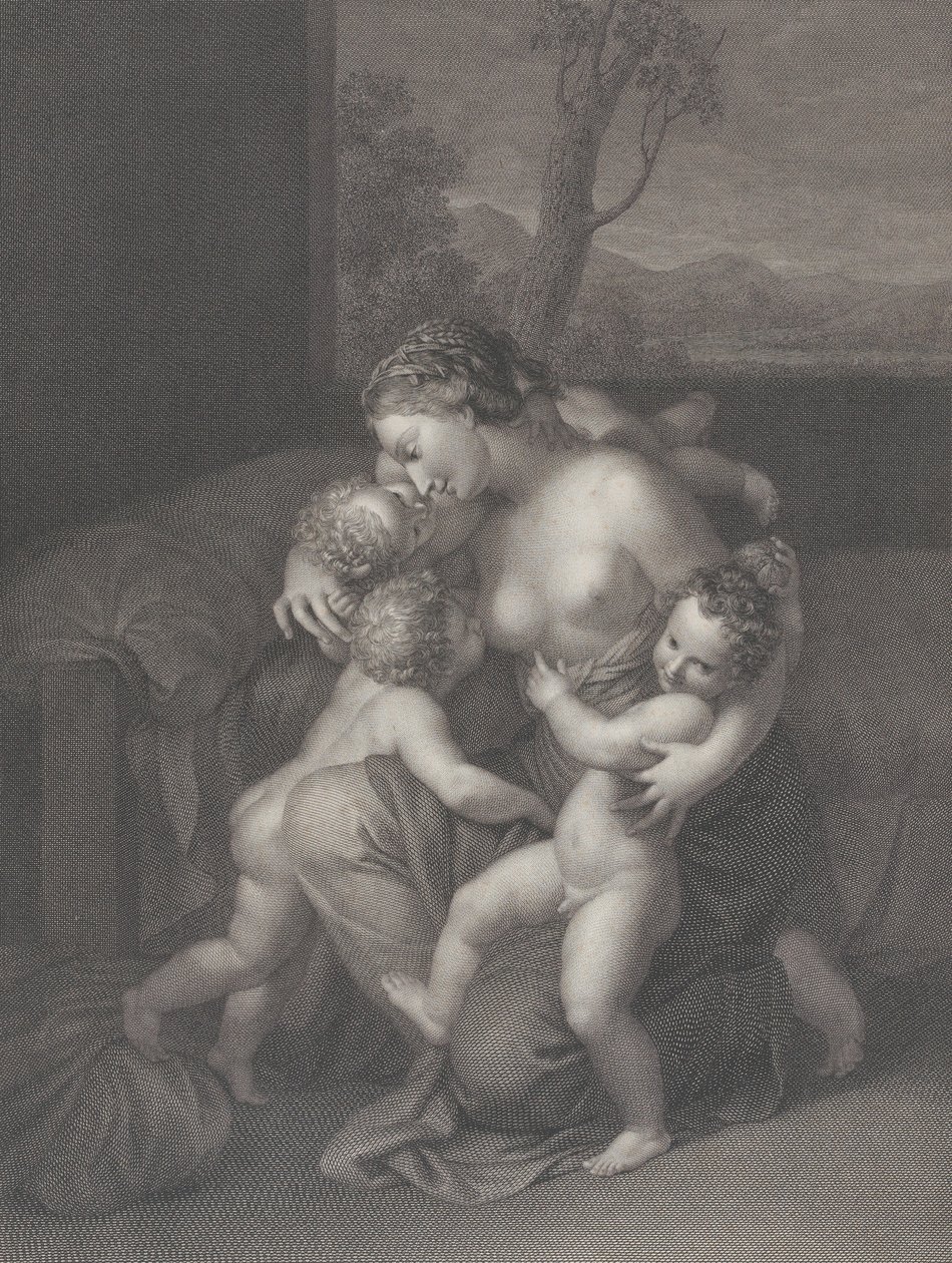 Veldedighet med tre små barn, 1795. av Raphael Morghen