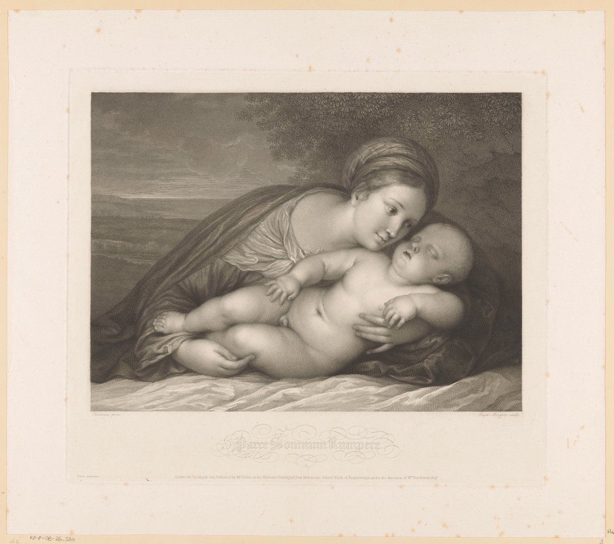 Mary med sovende barn i landskap Parce Somnum Rumpere (tittel på objekt) av Raphael Morghen