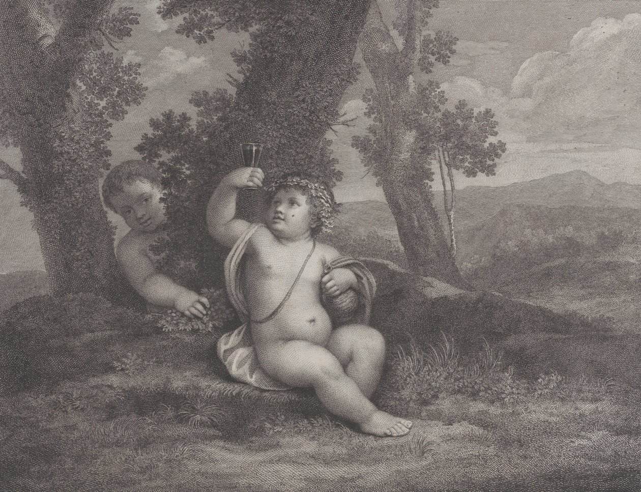 Spedbarnet Bacchus satt under et tre, holdt opp et vinglass, med et annet spedbarn bak..., 1780 av Raphael Morghen