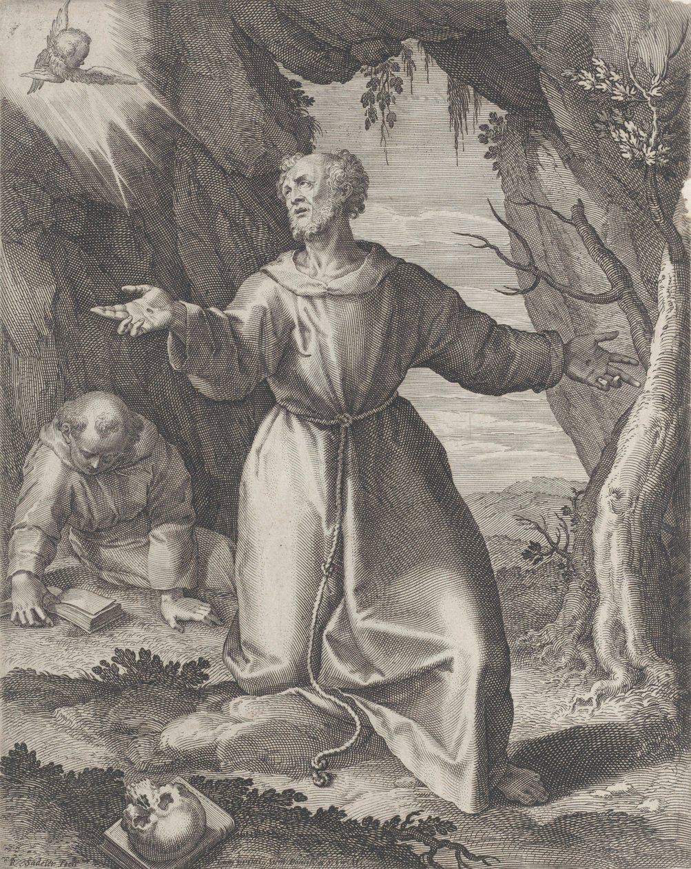 Saint Francis kneler med armene utstrakt, ser mot en kjerub øverst til venstre,..., 1599. av Raphael Sadeler