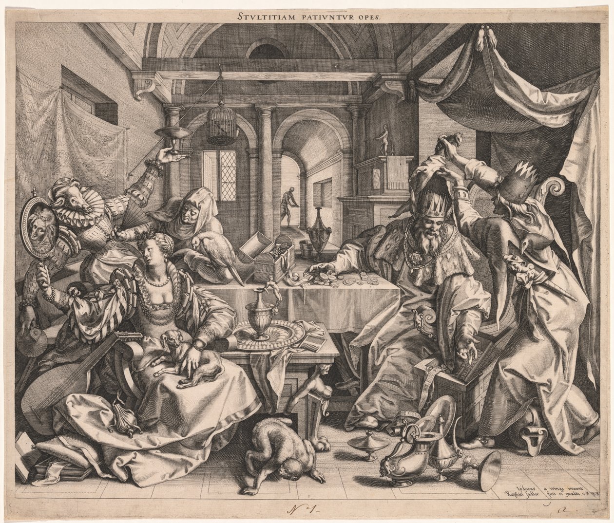 Stultitiam patiuntur opes (Rikdom tillater dumhet), eller Allegory of Wealth, Lust og Stupidity av Raphael Sadeler