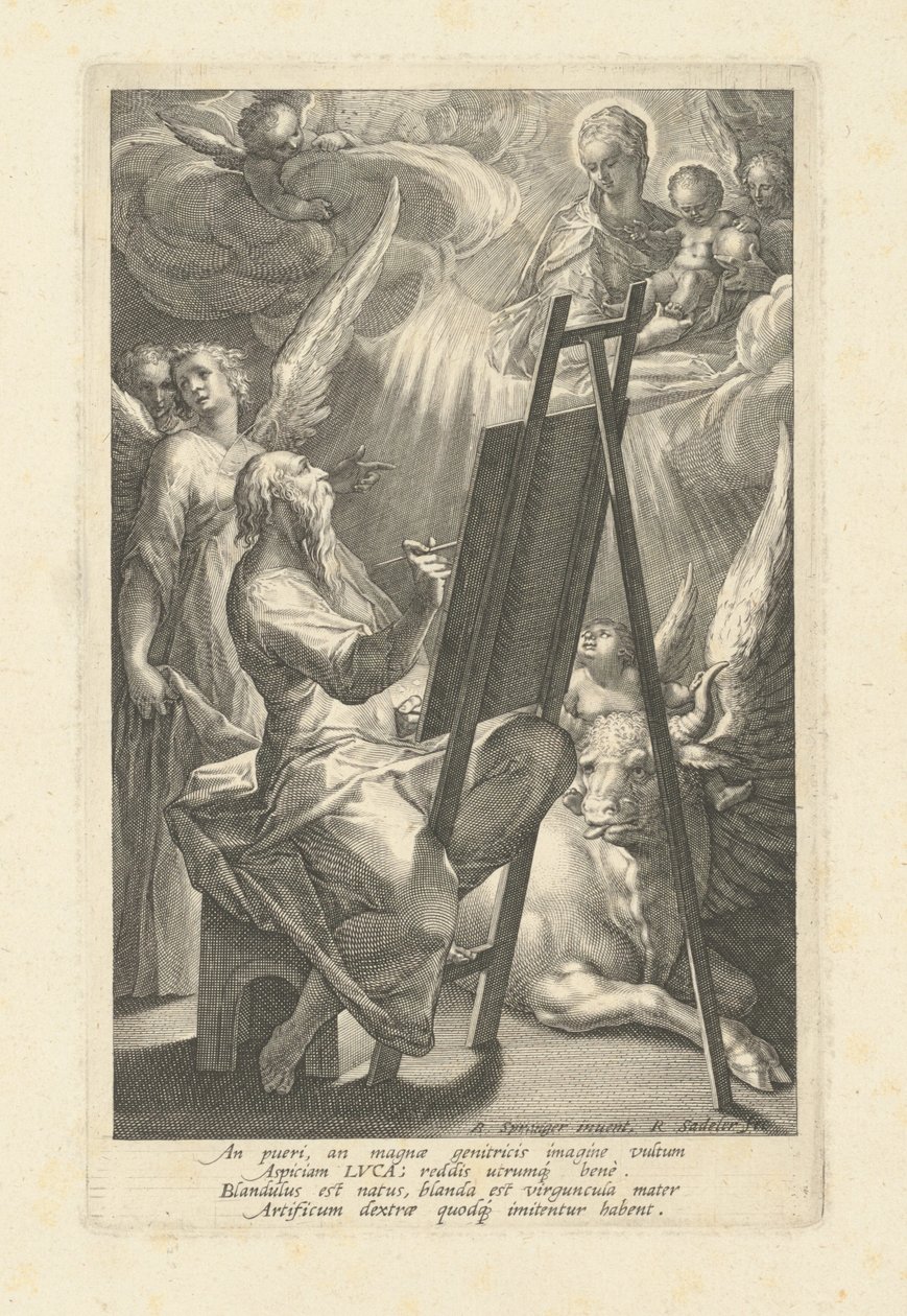 Saint Luke maler jomfruen av Raphael Sadeler I, after Bartholomaeus Spranger