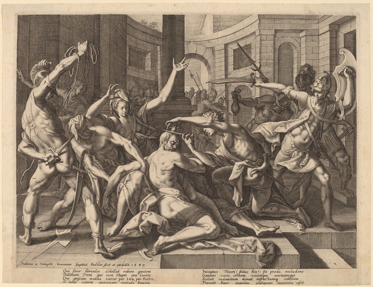 Delilah klipper Samsons hår av Raphael Sadeler I after Joos van Winghe