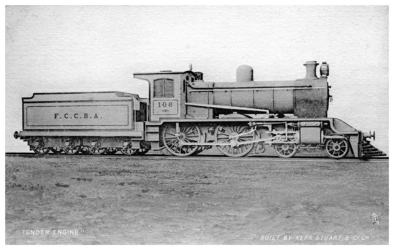 4-4-0 tender motor, damplokomotiv bygget av Kerr, Stuart og Co, tidlig på 1900-tallet. av Raphael Tuck