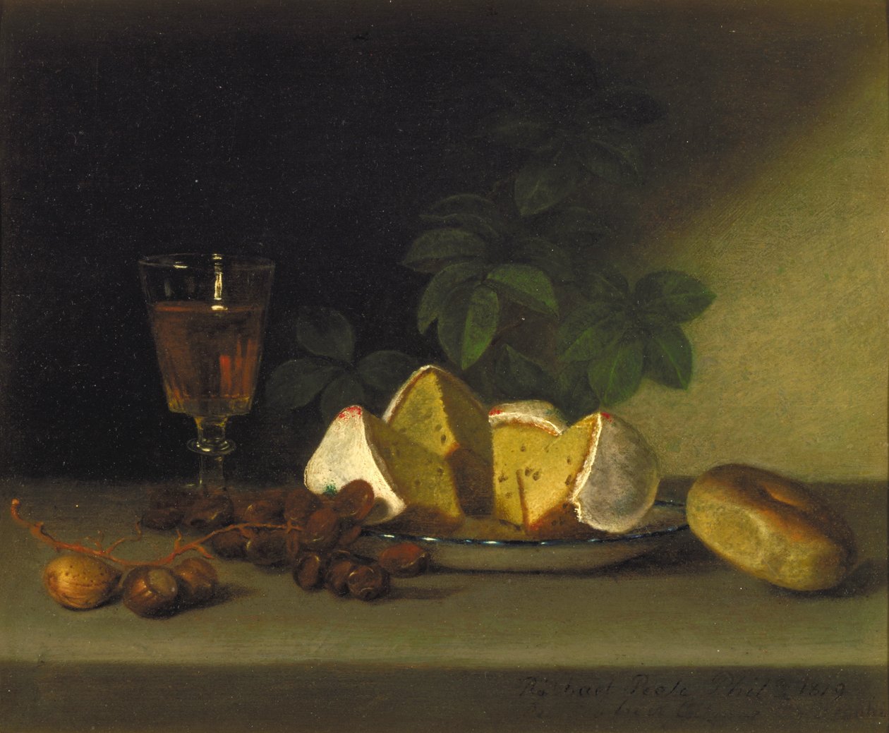 Stilleben med vin, kake og nøtter, 1819 av Raphaelle Peale