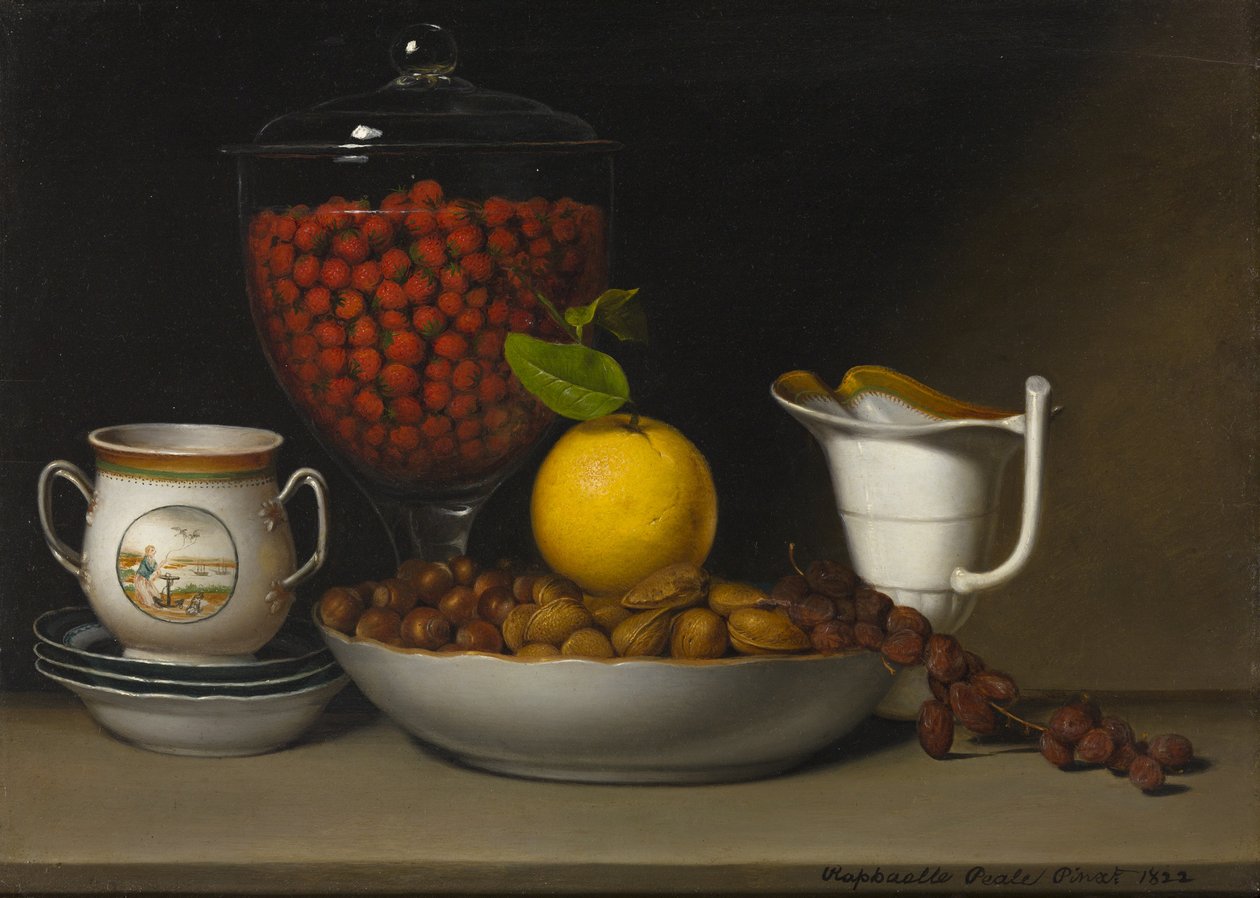 Stilleben - Jordbær, nøtter, ca. 1822 av Raphaelle Peale