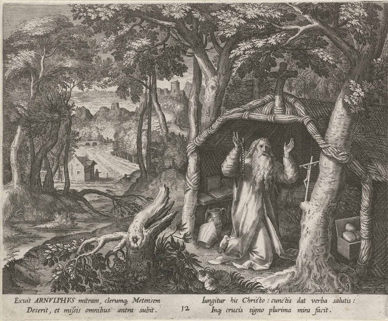 Saint Arnold av Metz som eremitt The Virtuous Life of Hermits (serietittel) Trophaeum vitae solitariae (serietittel) av Raphaël Sadeler (I)